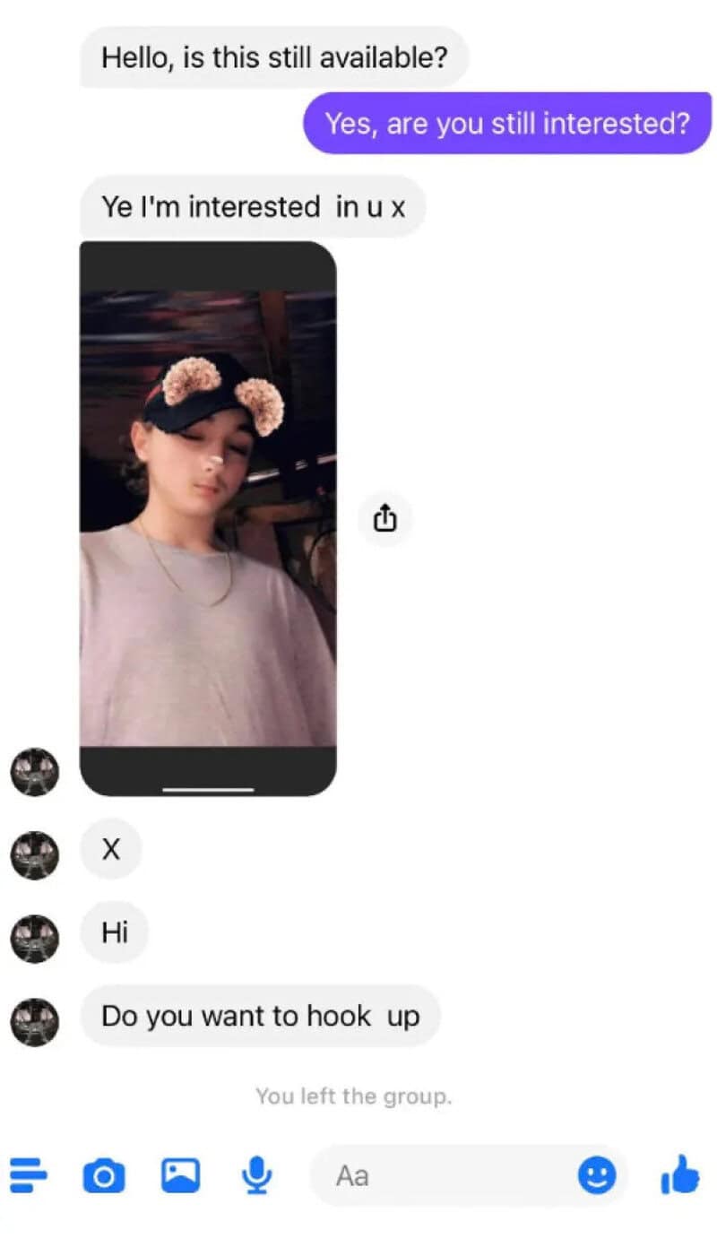 Chat conversation about interest and hooking up, with a photo of a young woman wearing a bear ear be.