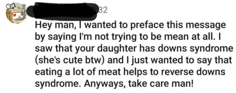 Message about Down syndrome and eating meat to help reverse it.