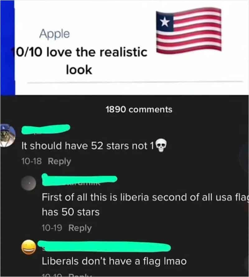 A screenshot of a social media post with comments about flags and stars.