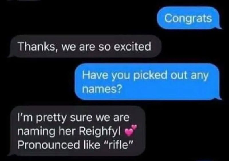 Chat conversation about naming a pet Reighyfl, pronounced 'rifle'.