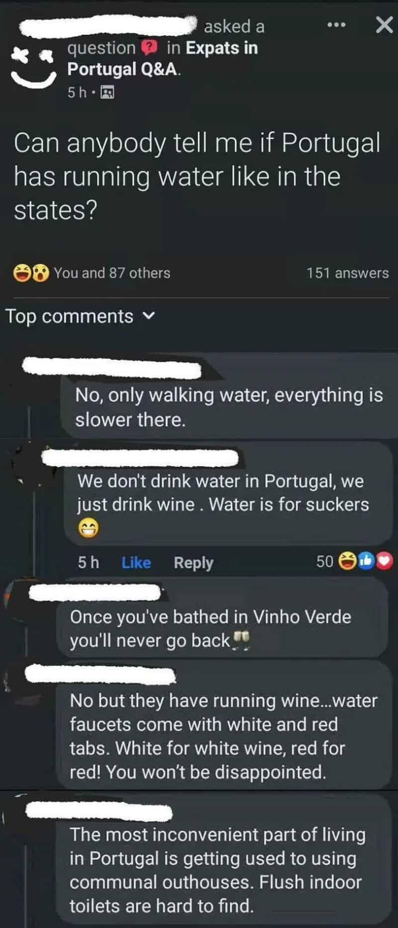 Online question about Portugal's water, with comments about drinking water and swimming pools.