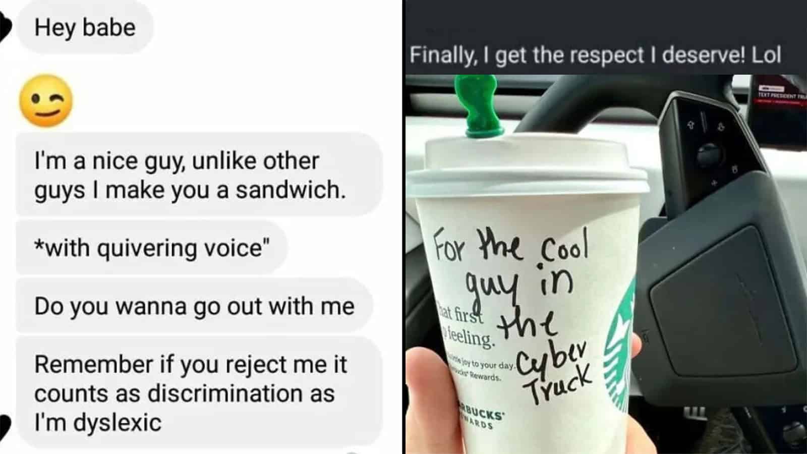 Text conversation and a coffee cup with a note on it in a car.