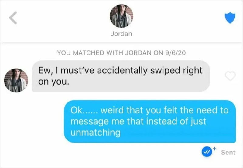 Text conversation where Jordan says he swiped right by mistake, and the other person comments on the.