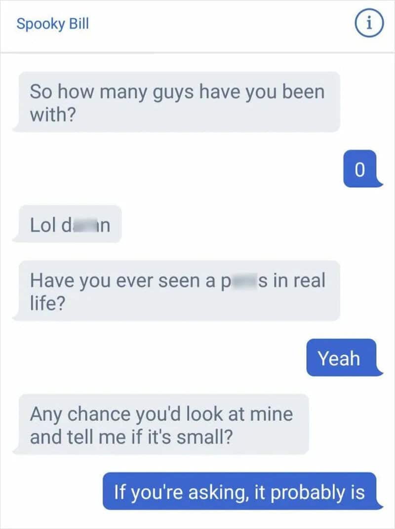 Text conversation about guys, size, and looking at someone's private parts.