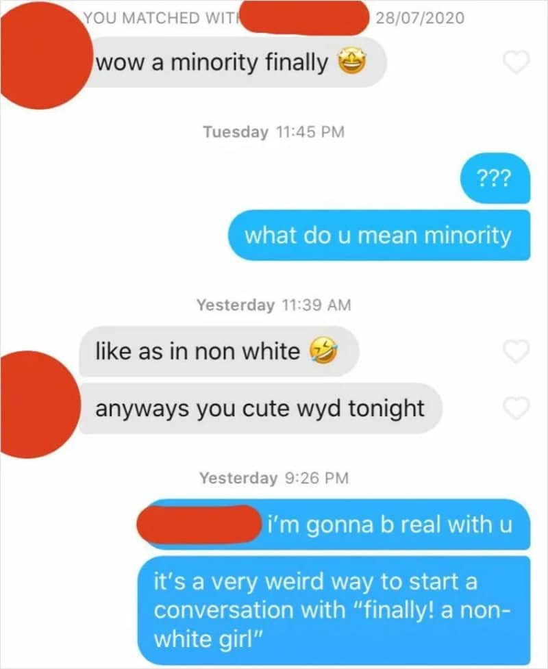 Text conversation about race and flirting, with humorous comments.