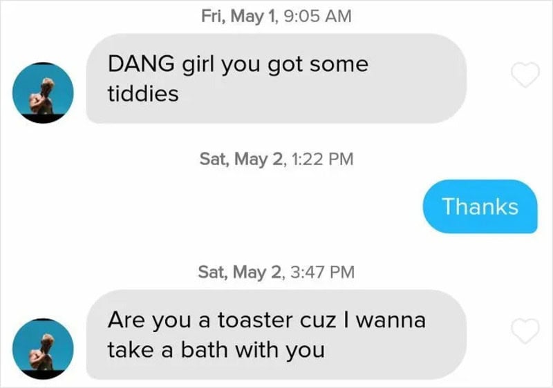 Text conversation with cringey messages from a man about Tiddies and taking a bath.