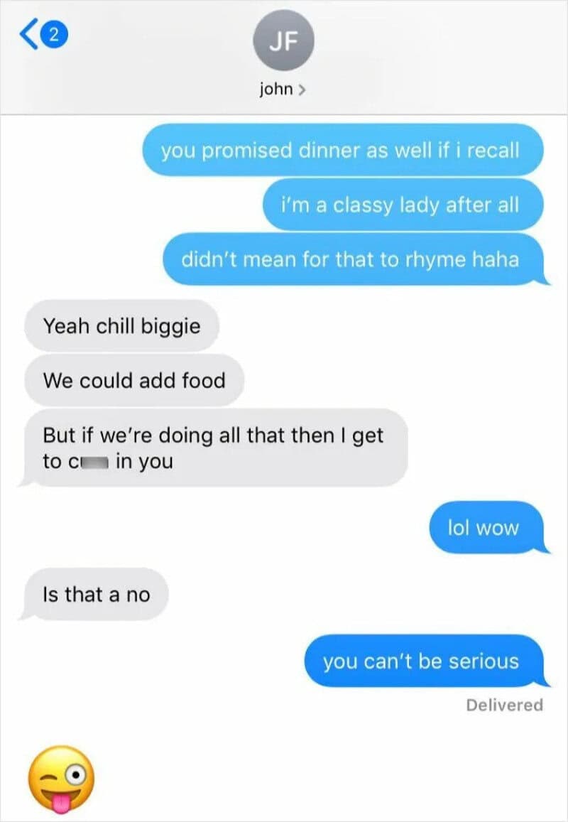 Text conversation about dinner promises and a flirtatious message.