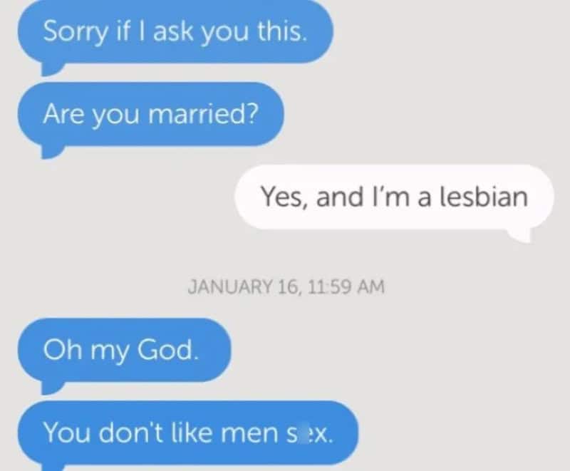 Text conversation about marriage and sexuality, with a woman revealing she's a lesbian.