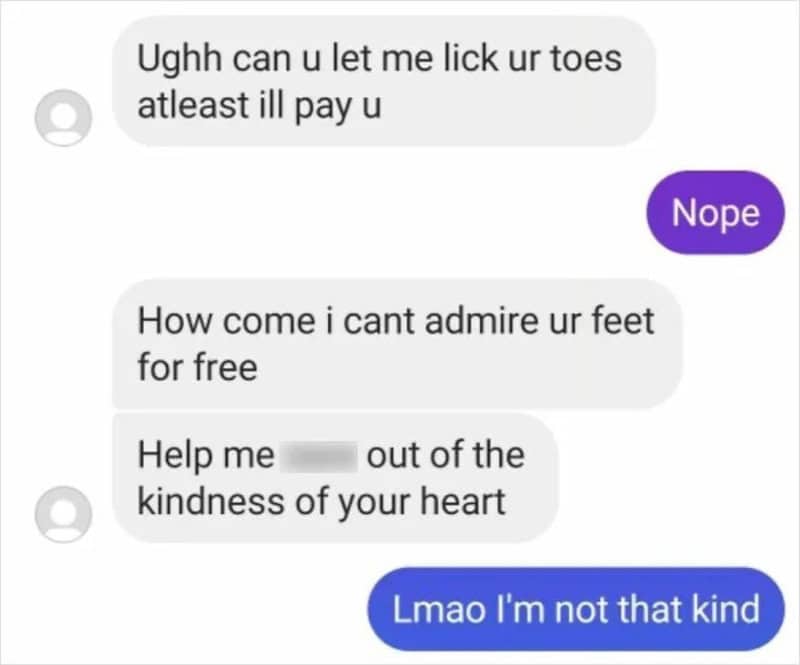Text conversation about licking toes and admiration, with a humorous reply.