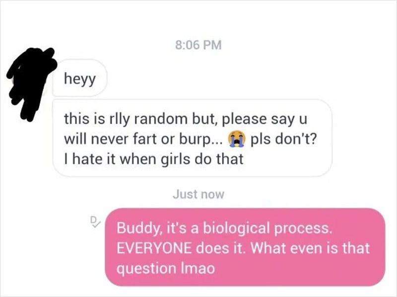 Text conversation about farting and burping, with humorous reply about biological process.