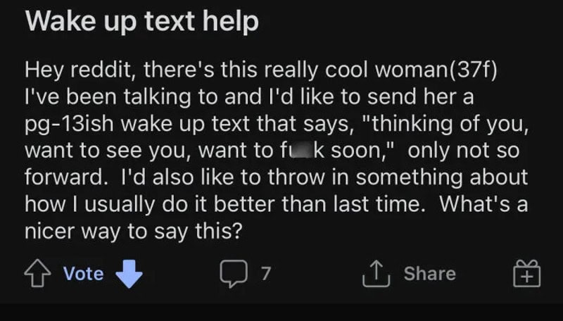 Wake up text help: Reddit message about sending a wake-up text to a woman.