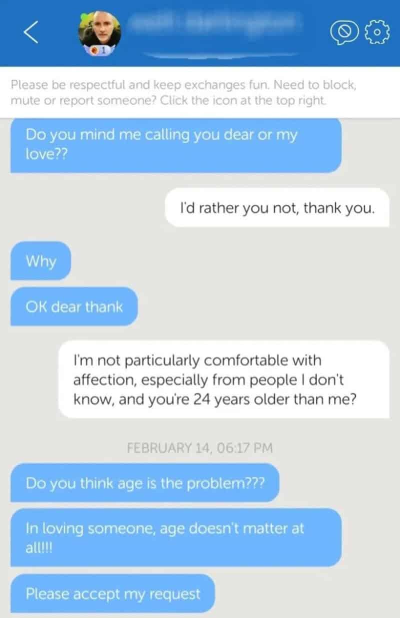 Screenshot of a text conversation about calling and age differences.