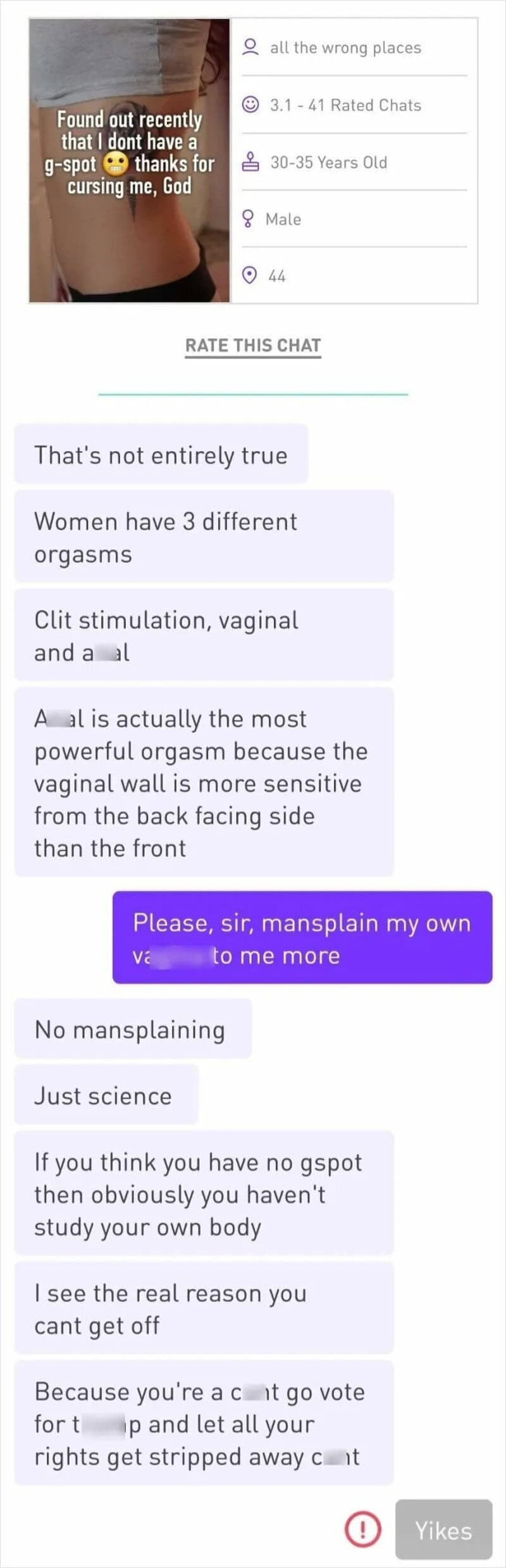 Screenshot of a chat discussing women's orgasms, mansplaining, and body rights.