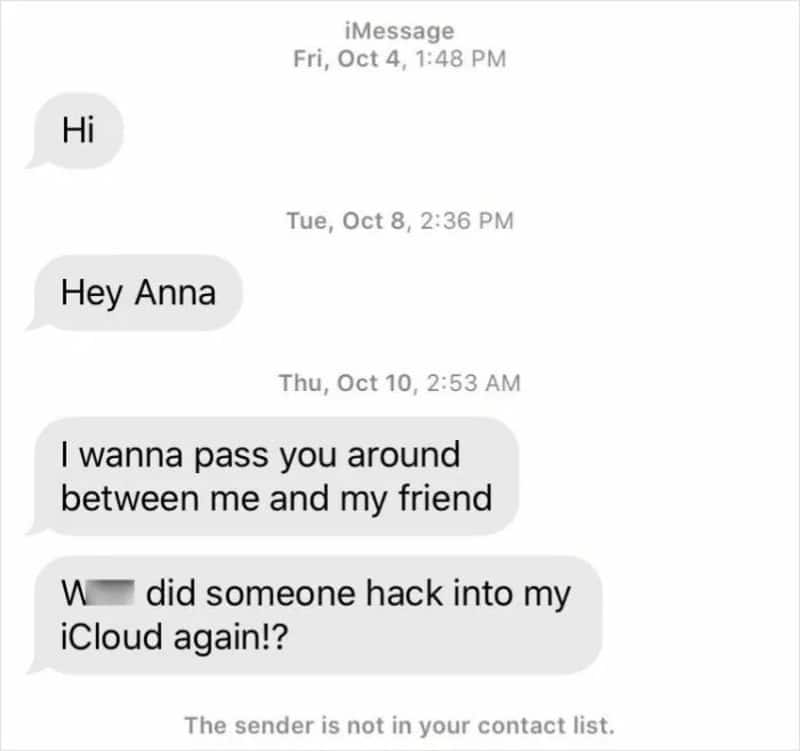 Text message conversation about hacking into iCloud, with dates and times.