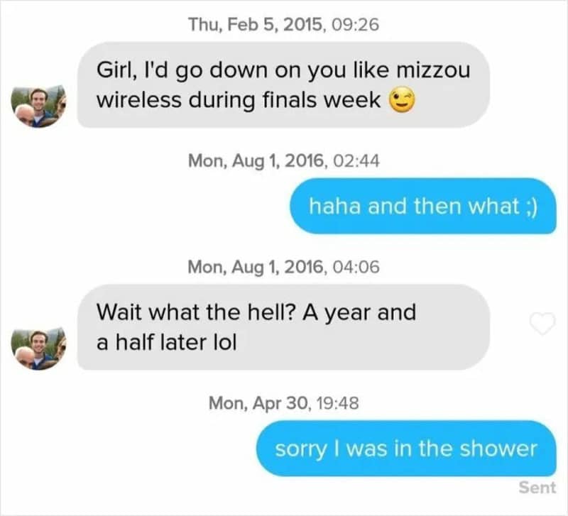 Text conversation about wireless during finals week and a shower apology.