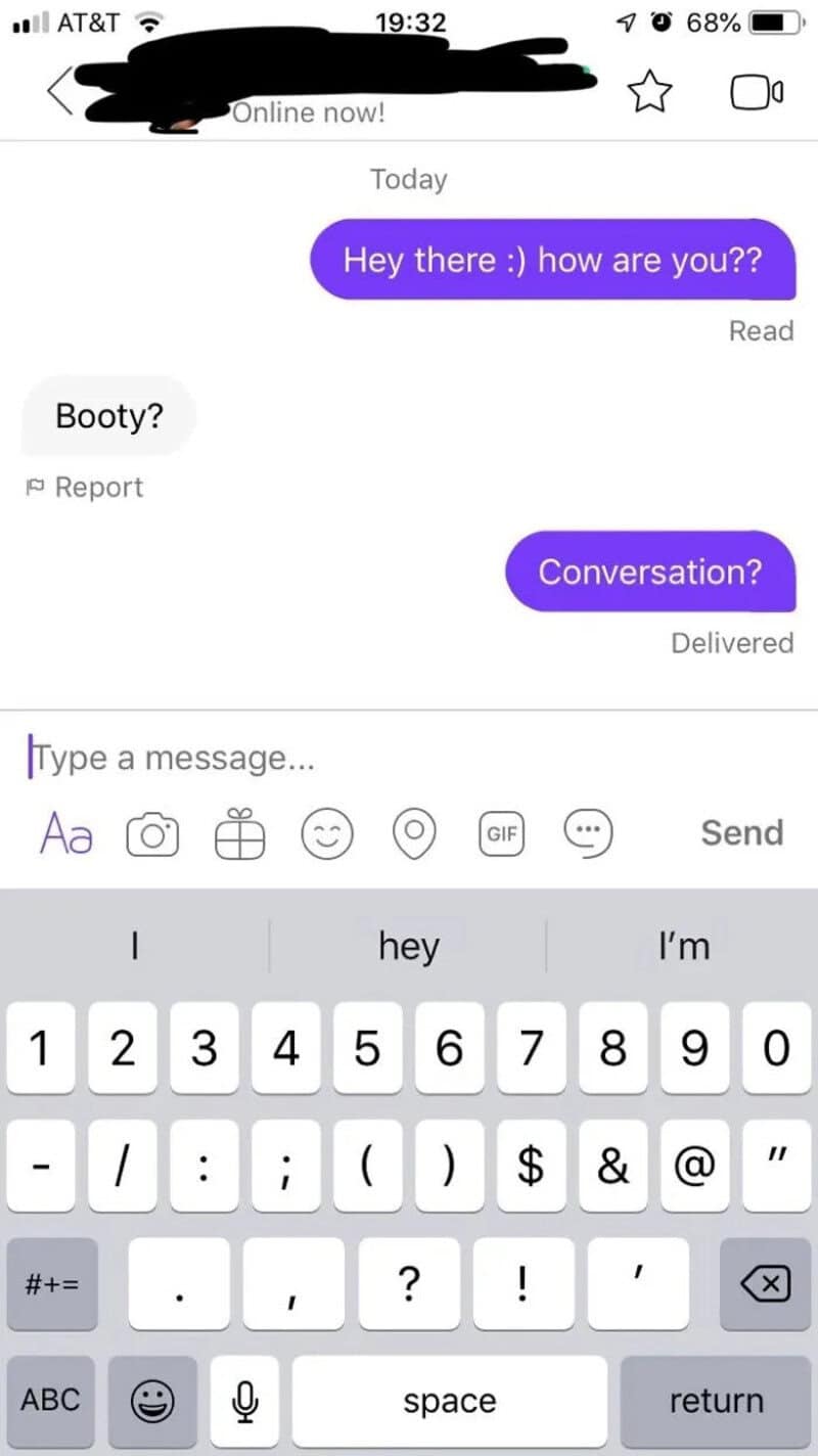 Text conversation where a man asks 'Booty?' and 'Conversation?' in a messaging app.