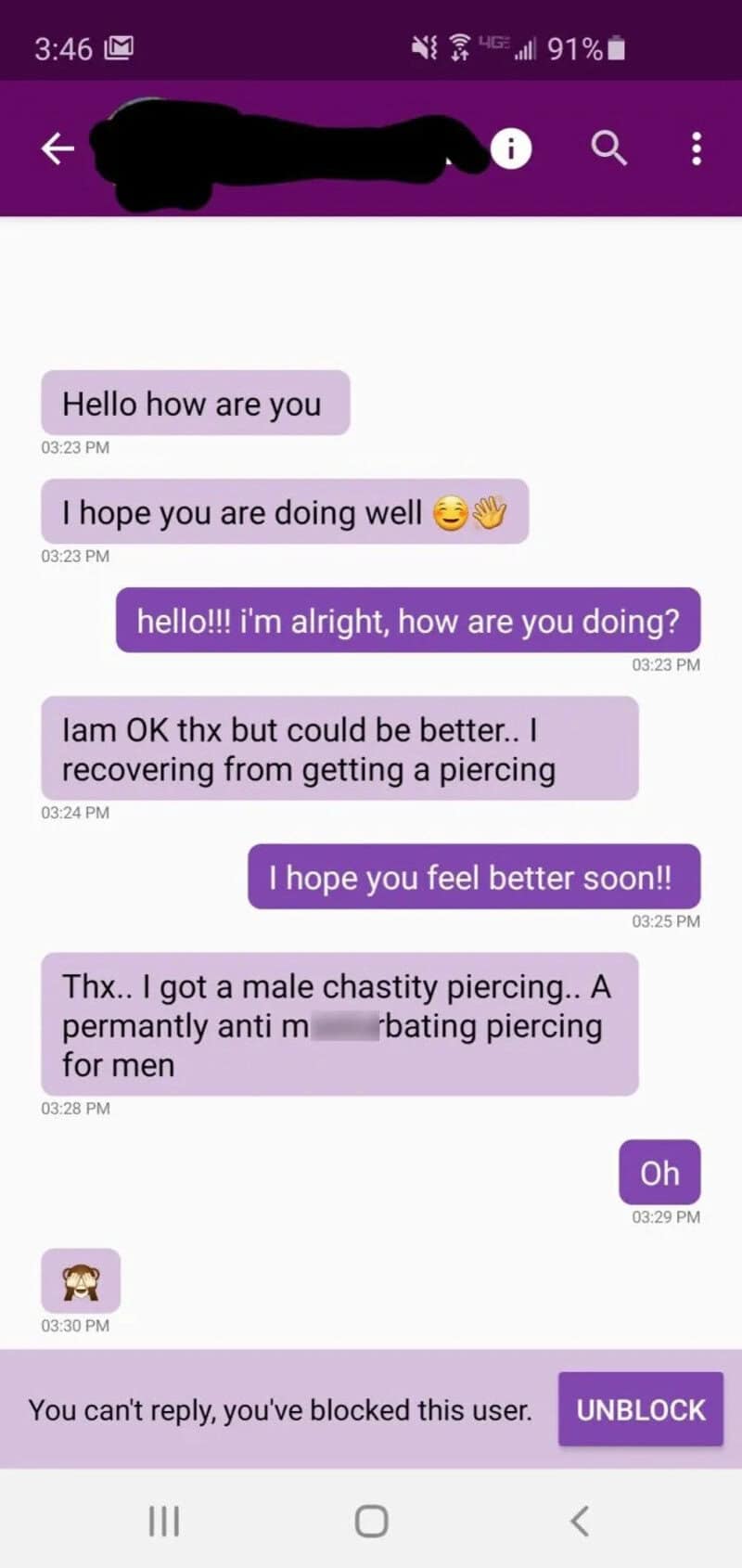 Text conversation about a piercing, with messages about feeling better and a chaste piercing.