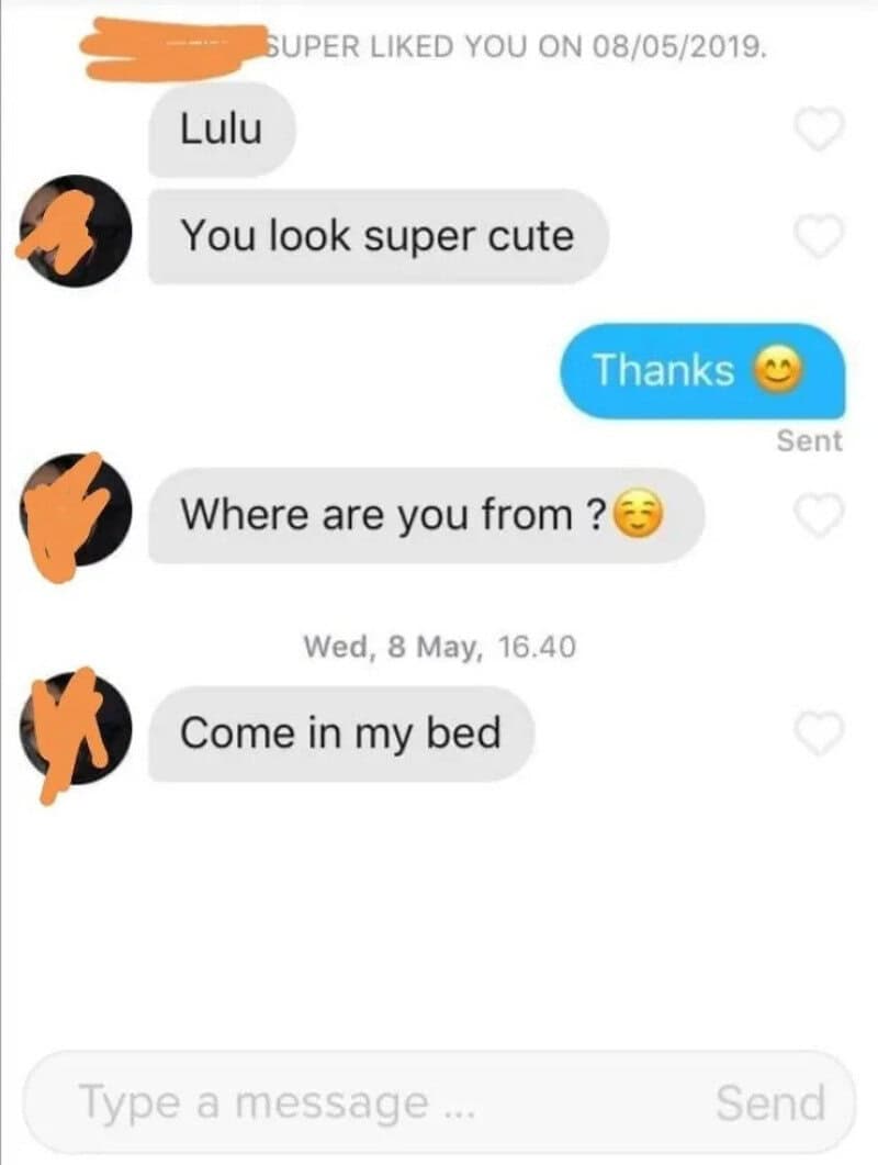 Text conversation with flirty messages, including 'Come in my bed'.
