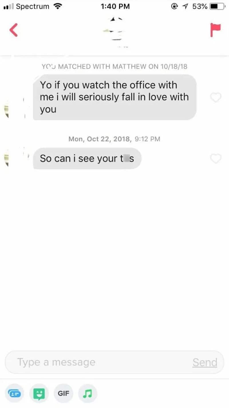 Text message conversation about watching The Office and falling in love.