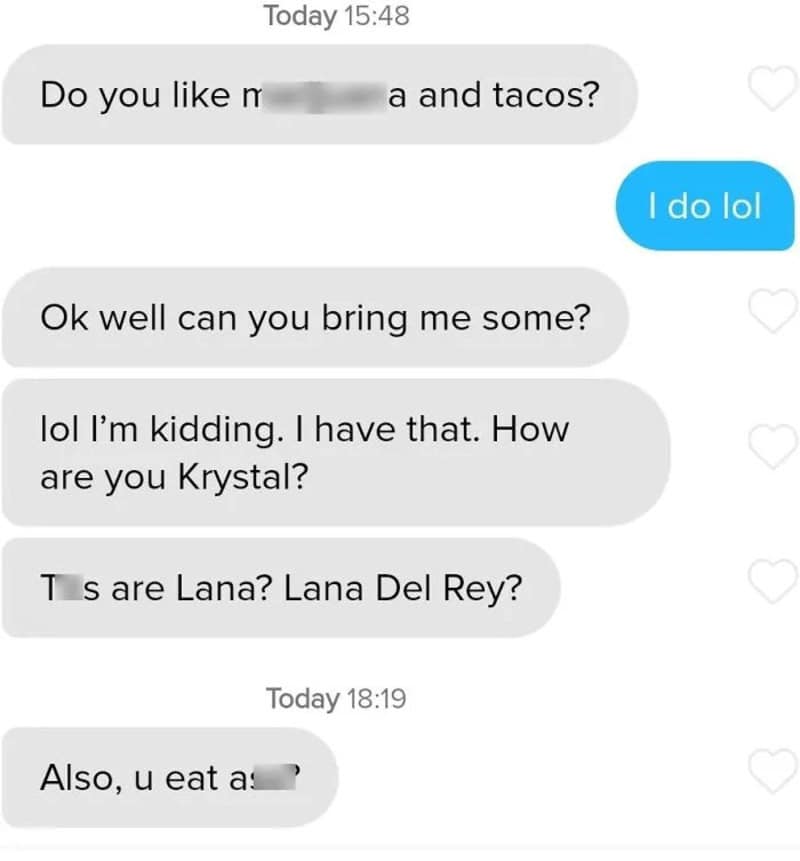 Text conversation about food and people, with some words blurred.