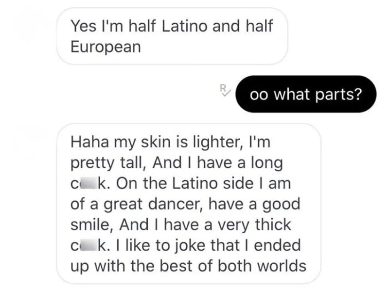 Text conversation about being half Latino and half European, with humorous comments.