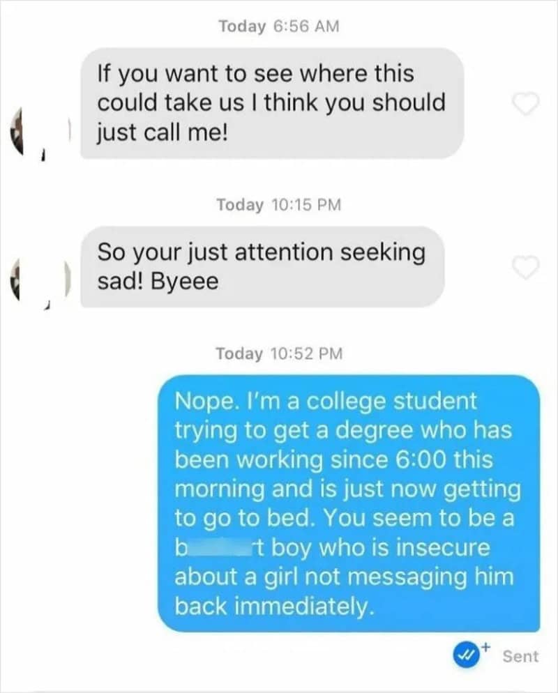 Text conversation with messages about calling and college student.