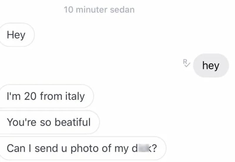 Screenshot of a text conversation with cringey messages from a man.
