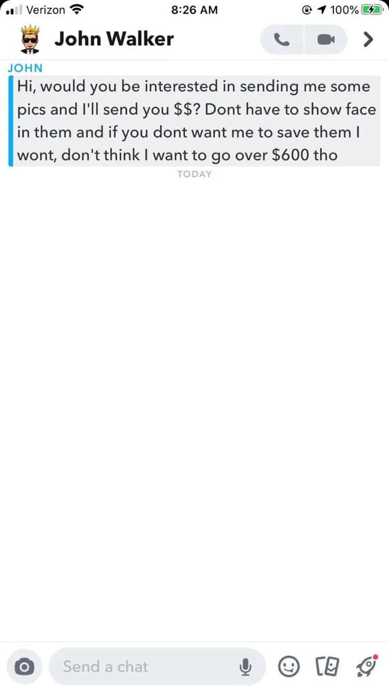 Message from John offering to send money in exchange for pictures.
