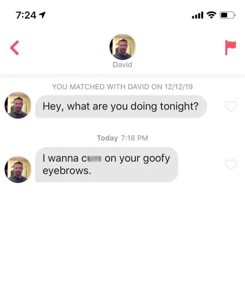 Text conversation showing a message about goofy eyebrows.