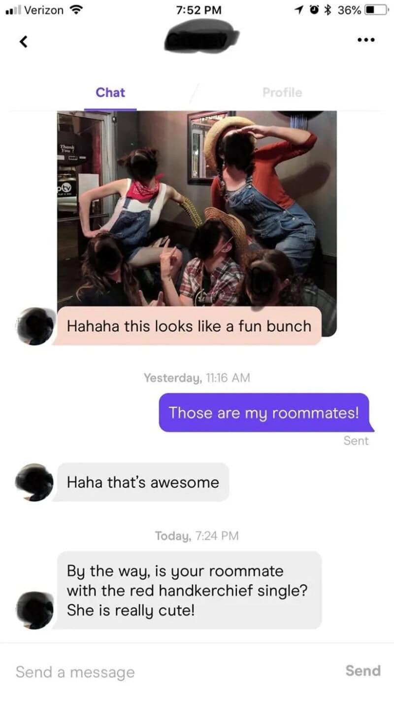 Text conversation about roommates, with a photo of children making funny faces.