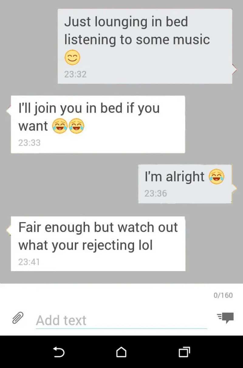 Text conversation about bed and music, with emojis and humorous rejection.