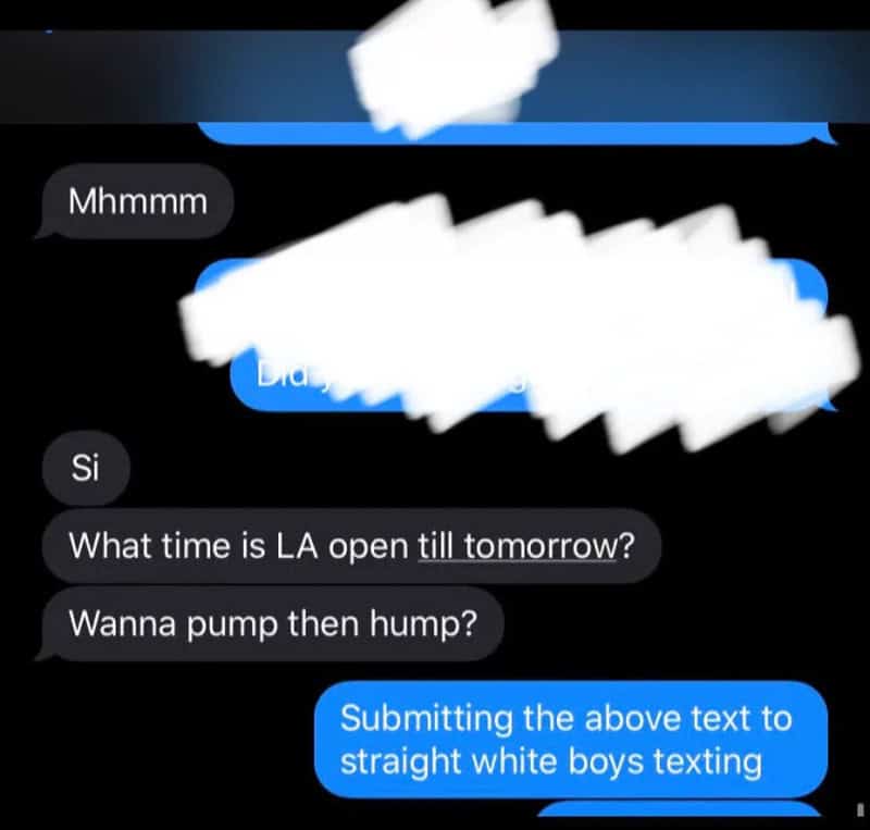 Text conversation about LA opening hours and pumping, with a humorous comment.