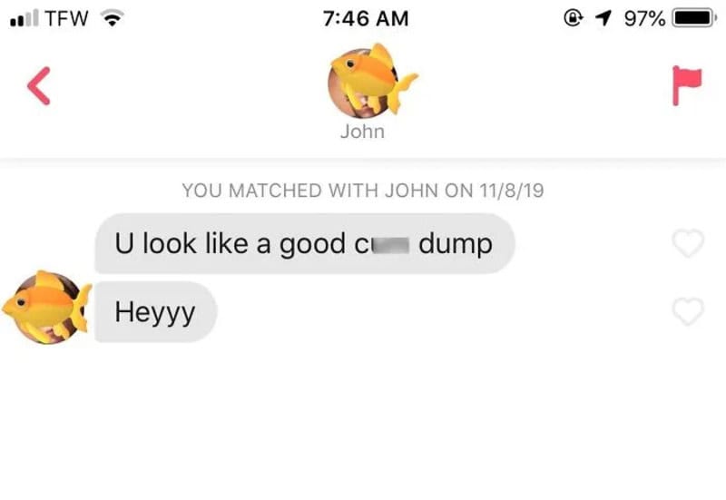 Text message conversation with offensive language and fish emoji.
