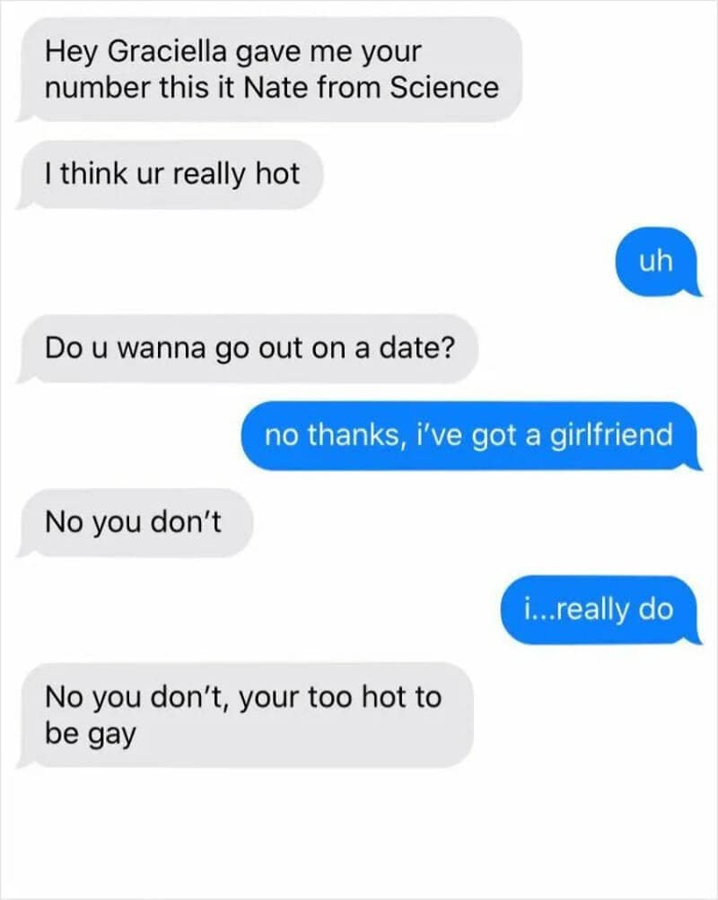 Text conversation about a man asking a woman out, she declines, and he makes a joke.