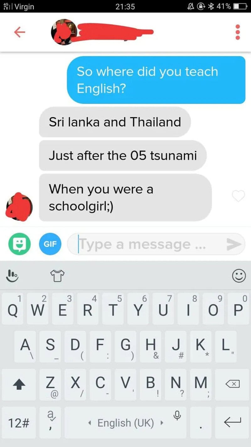 Text conversation about teaching English in Sri Lanka and Thailand after the 2005 tsunami.
