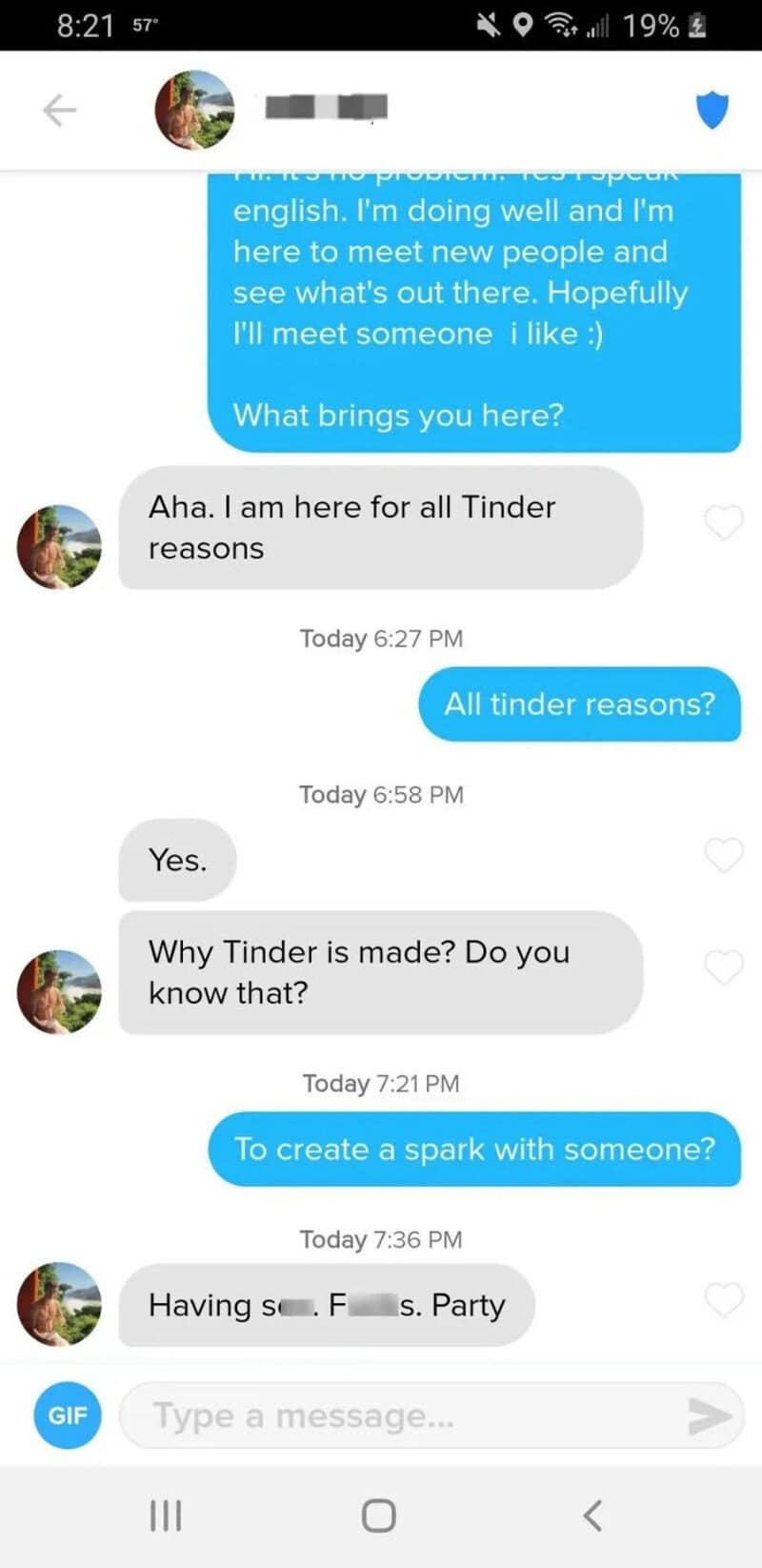Screenshot of a Tinder conversation about reasons for using the app.