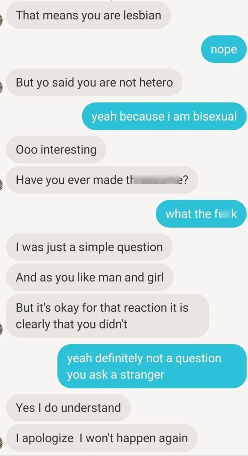 Screenshot of a text conversation about sexuality and reactions.