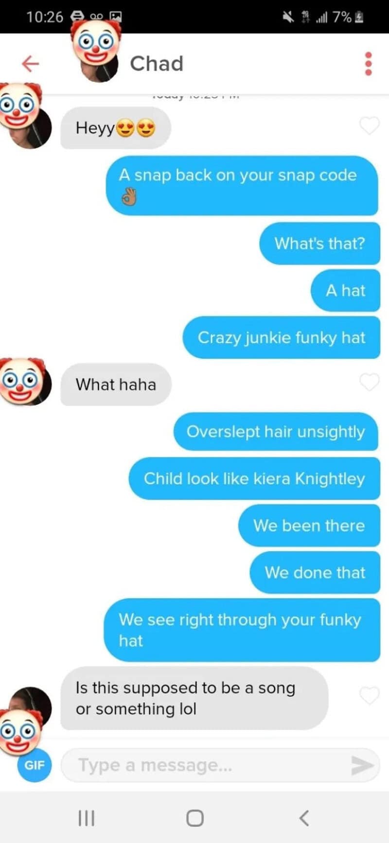 Text conversation about a funky hat and a song, with emojis and GIF.