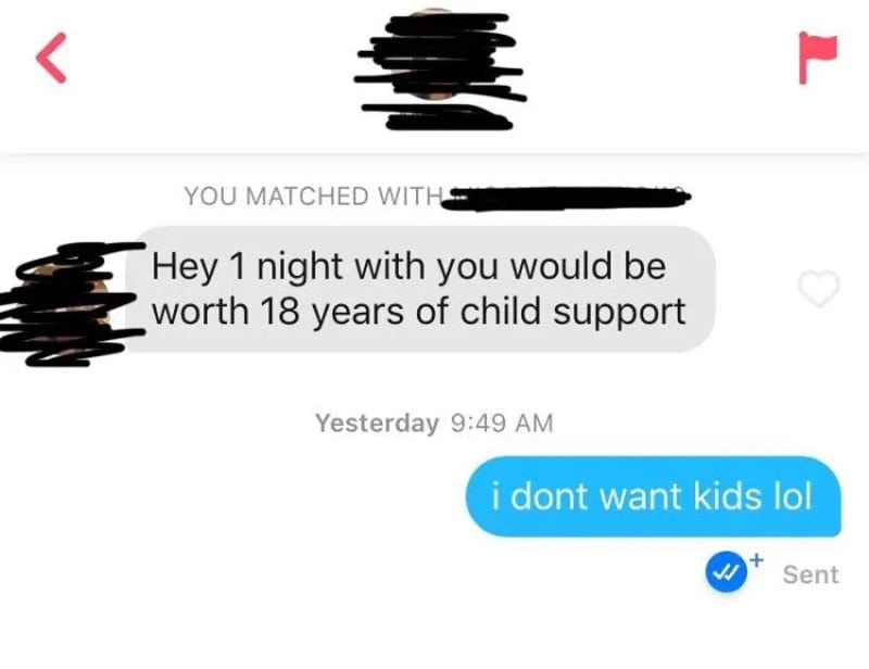 Text conversation showing a message about a night worth 18 years of child support and a reply saying.
