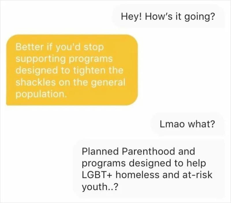 Text conversation about supporting programs to help LGBT+ homeless youth.