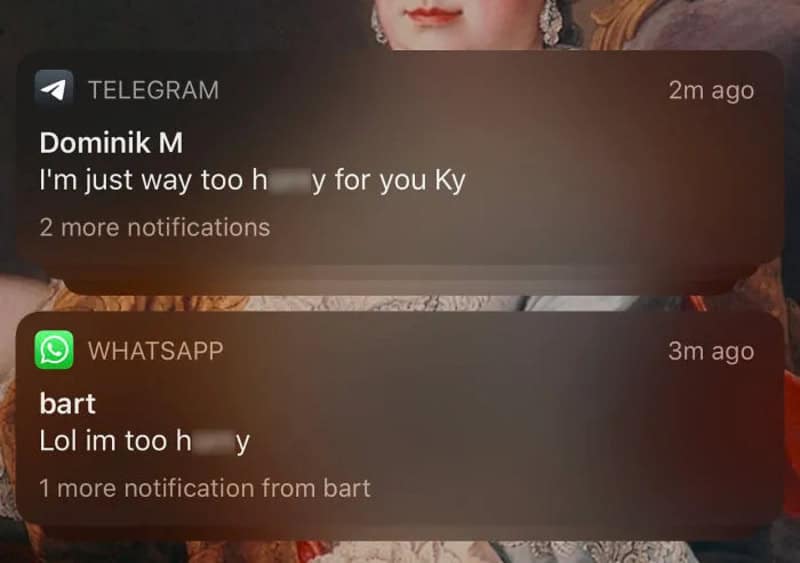 Notification screenshots from Telegram and WhatsApp with incomplete messages.
