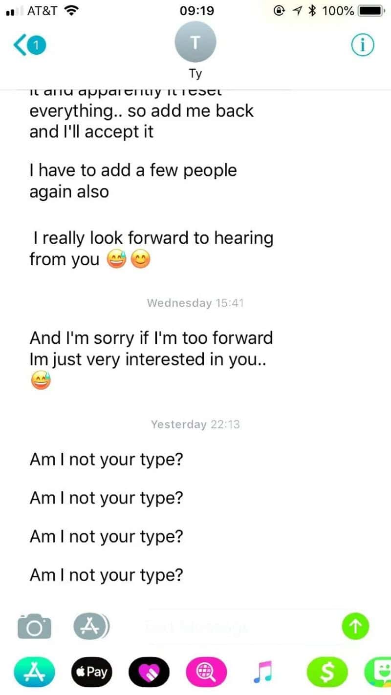 Text conversation with repeated 'Am I not your type?' messages and expressions of interest.