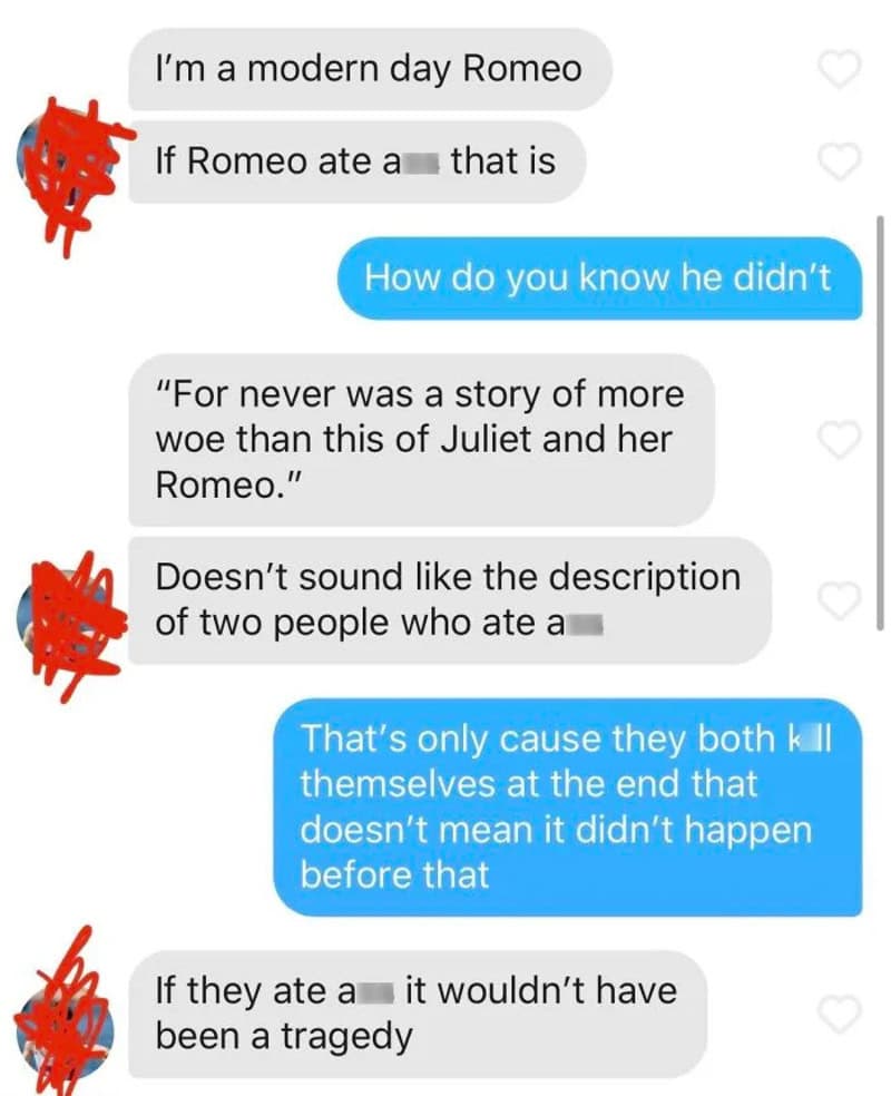 Text conversation about Romeo and Juliet with redacted words.