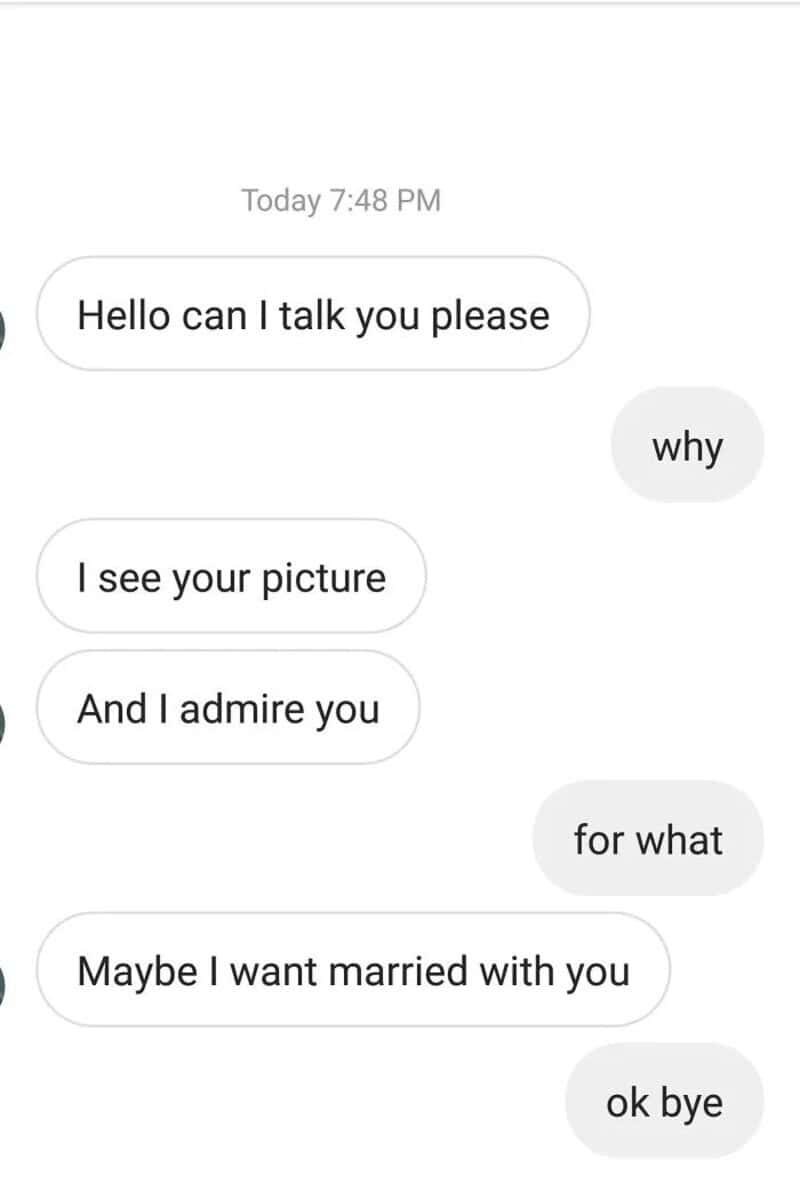 Text conversation with a man expressing admiration and interest in marriage.