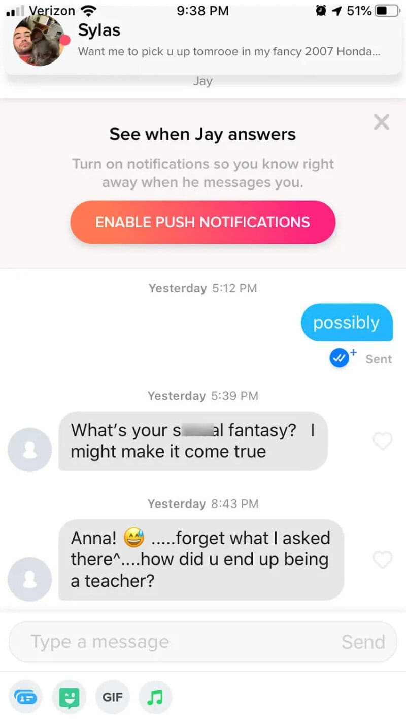 Text message conversation about fantasy and teaching, with emojis and questions.