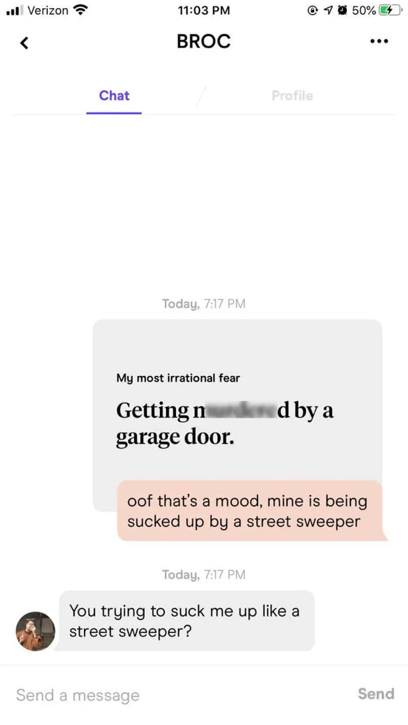 Text conversation about irrational fear of getting robbed by a garage door.