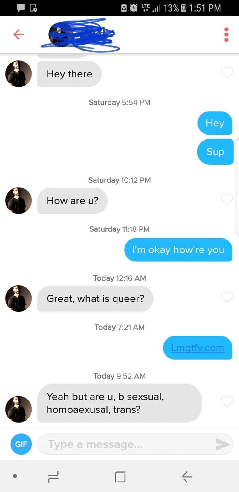 Screenshot of a text conversation with cringey messages from a man.