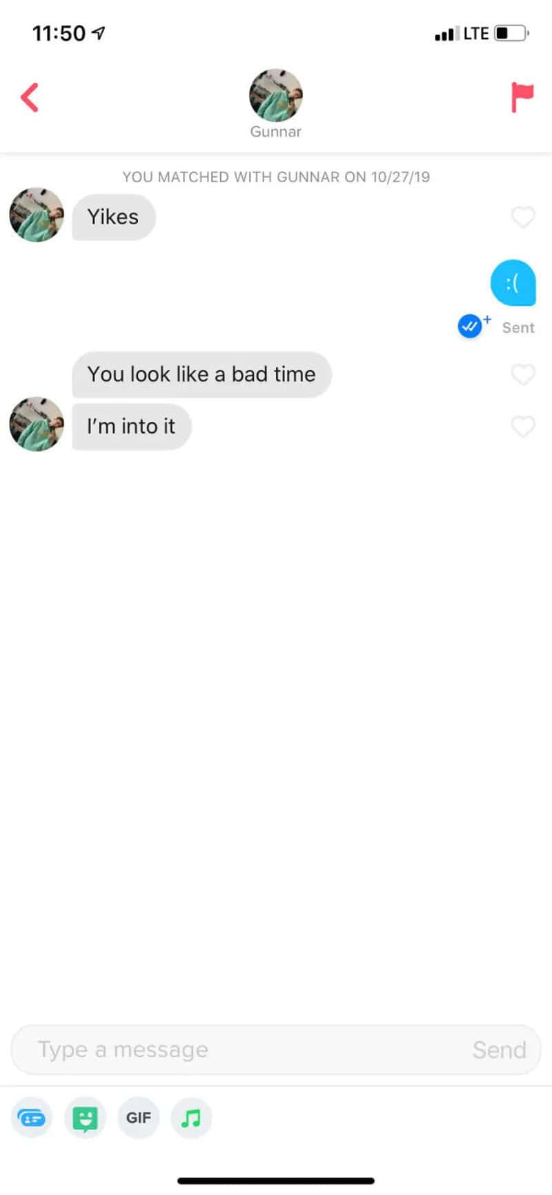 Text conversation showing 'Yikes', 'You look like a bad time', 'I'm into it'.