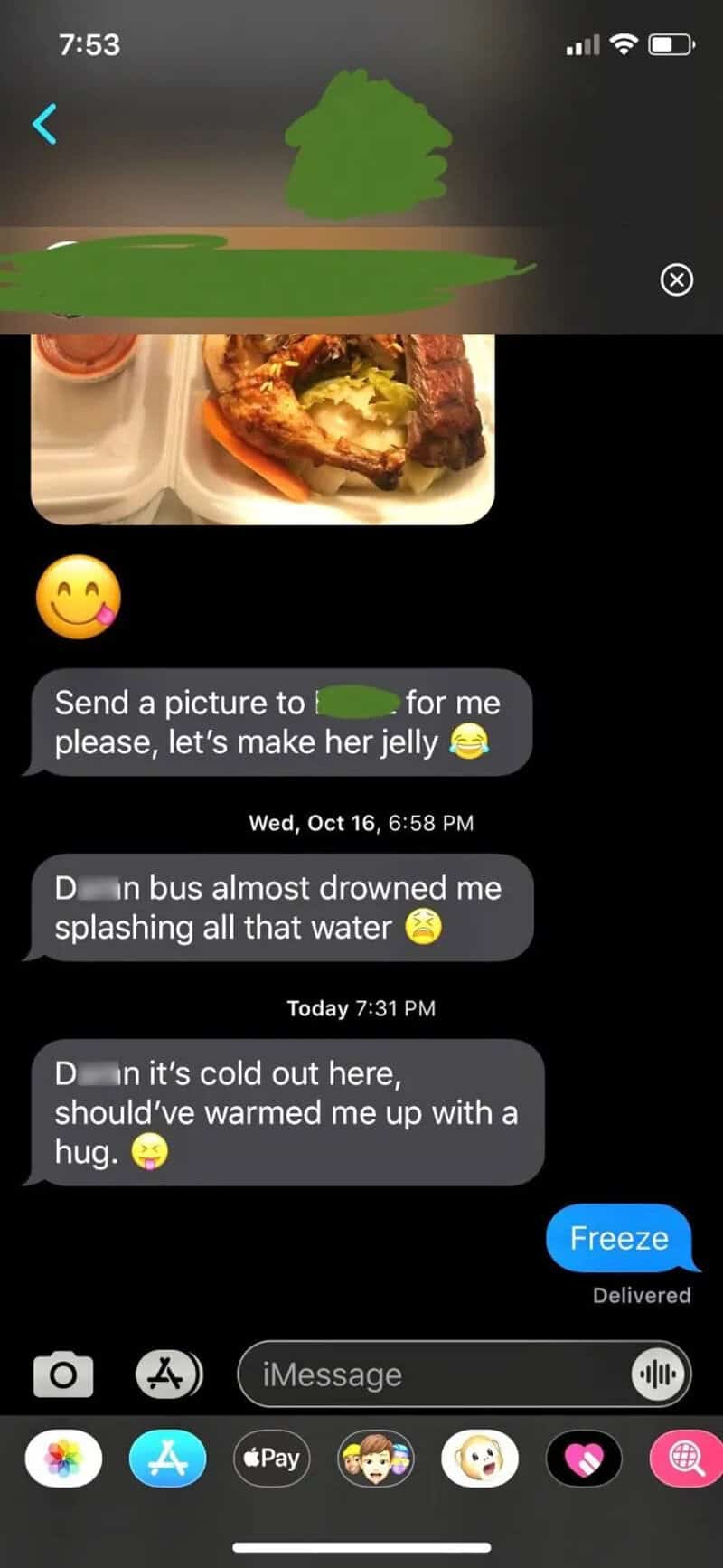 Text conversation about a drowning incident and a request for a picture, with a frozen message.
