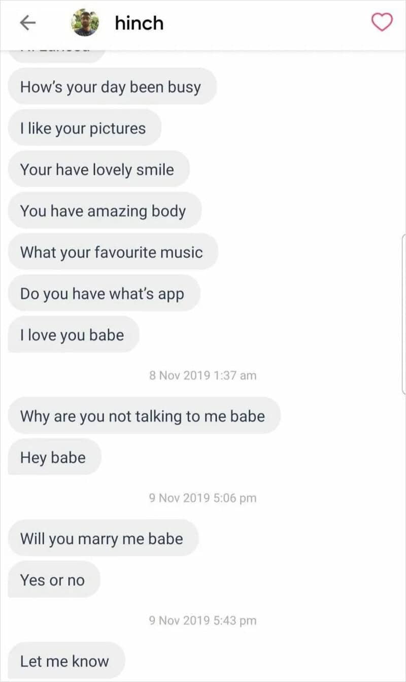Text messages from a man expressing affection and asking questions.